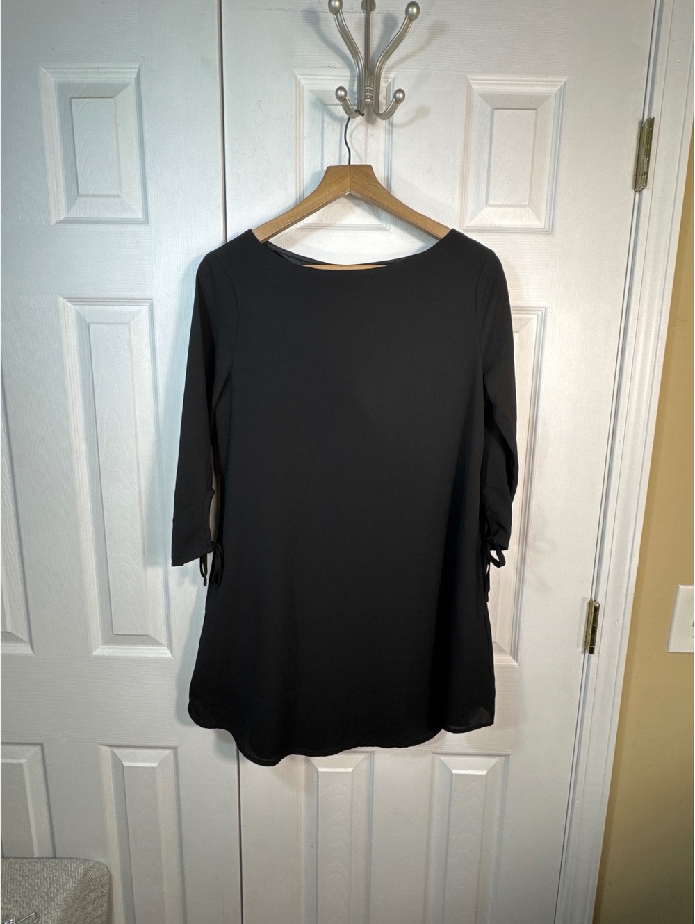 Reborn Black Polyester Tunic Dress with Tie Sleeve Detail, Size Small
